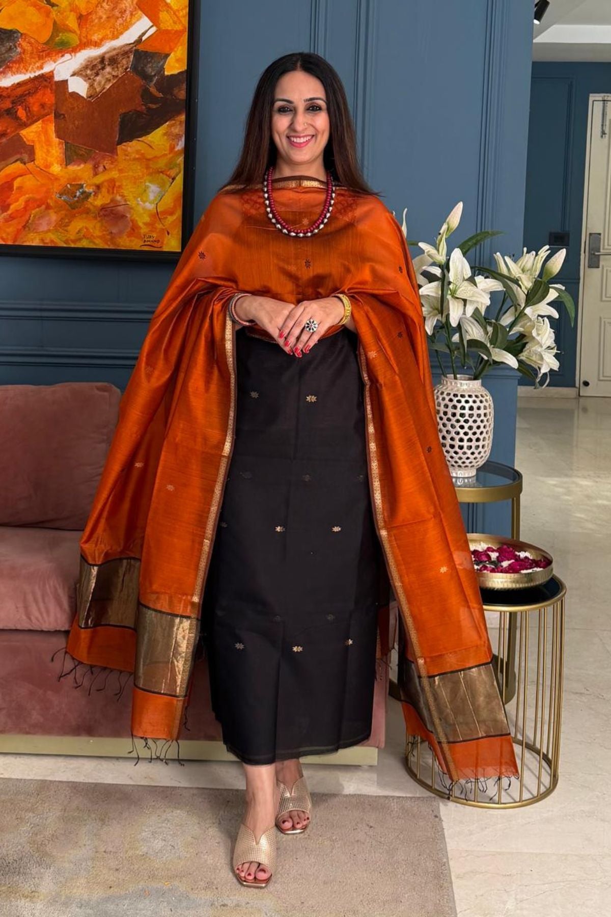 Maheshwari handloom silk by cotton kurta dupatta set